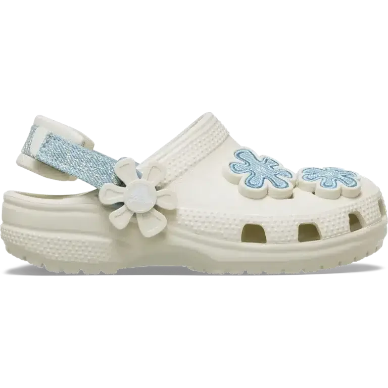 Zueco clásico para niños pequeños de denim con flores y correa trasera ajustable Zueco clásico para niños pequeños de denim con flores y correa trasera ajustable
