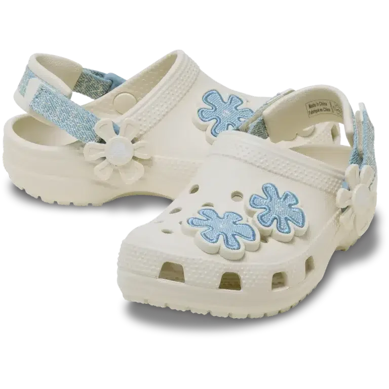 Zueco clásico para niños pequeños de denim con flores y correa trasera ajustable Zueco clásico para niños pequeños de denim con flores y correa trasera ajustable