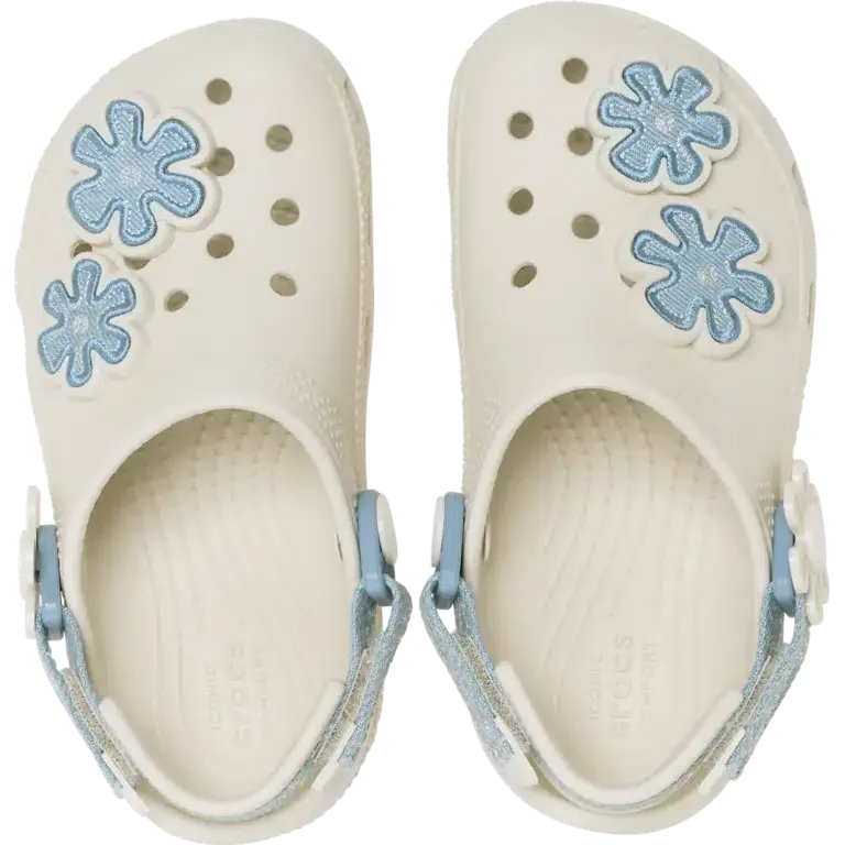Zueco clásico para niños pequeños de denim con flores y correa trasera ajustable Zueco clásico para niños pequeños de denim con flores y correa trasera ajustable