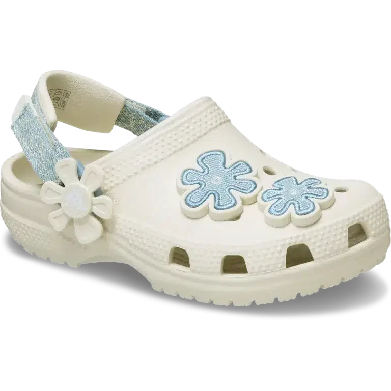 Zueco clásico para niños pequeños de denim con flores y correa trasera ajustable Zueco clásico para niños pequeños de denim con flores y correa trasera ajustable